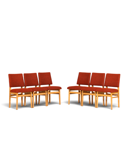 Hauptstadt Möblerei 6er-Set Mid Century Esszimmerstühle mit rotem Stoffbezug und hellem Holzgestell im Retro-Stil