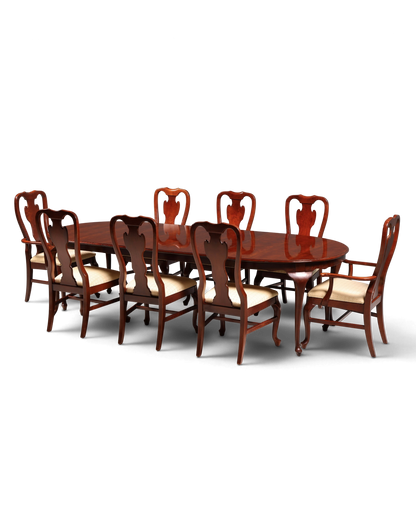 Hauptstadt Möblerei Esszimmer-Set aus dunklem Holz mit ovalem Tisch und acht Stühlen mit cremefarbenen Polstersitzen